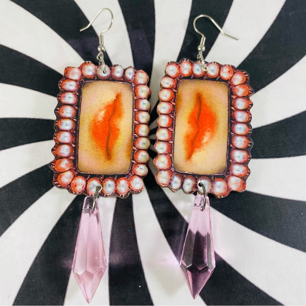 Victorian lip cabochon image earrings with pink crystal drops OOAK
